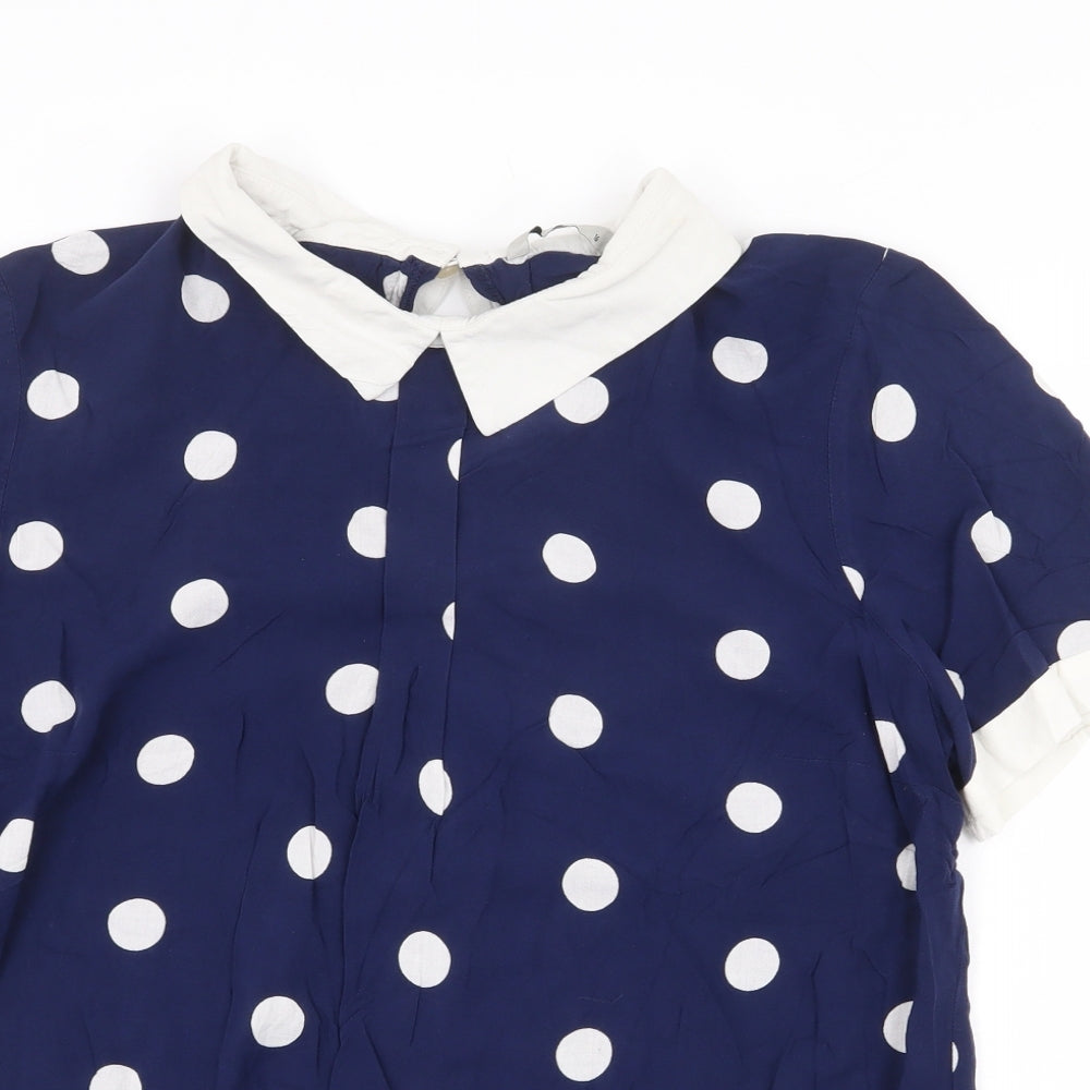 TU Womens Blue Polka Dot Polyester Basic T-Shirt Size 16 Round Neck - Collar detail