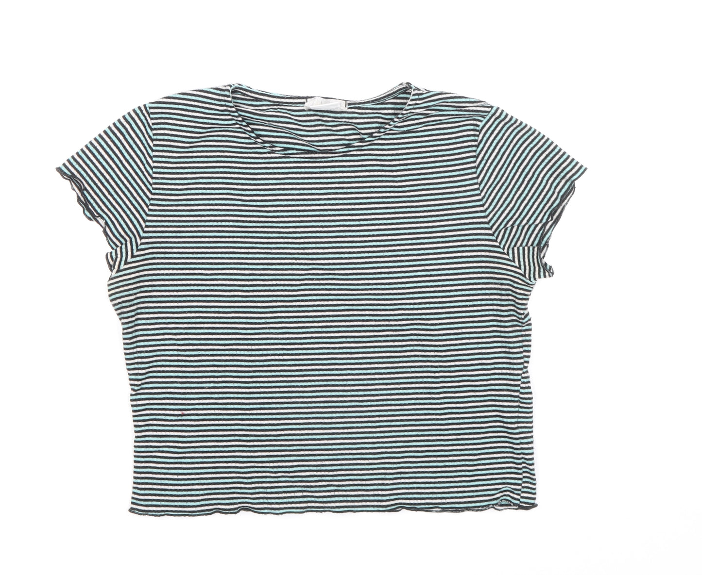 Cooperative Womens Blue Striped Polyester Basic T-Shirt Size S Round Neck