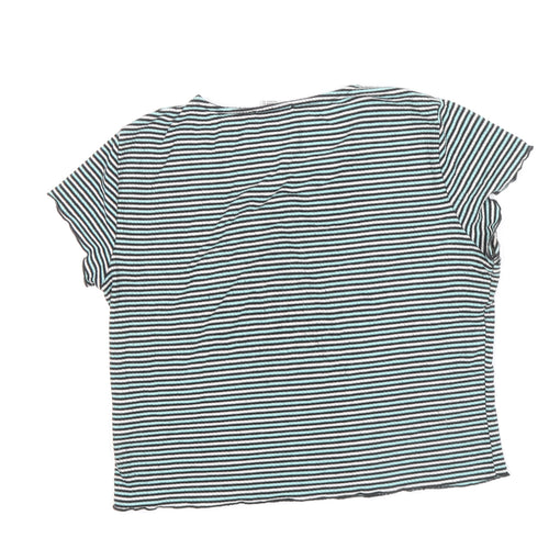 Cooperative Womens Blue Striped Polyester Basic T-Shirt Size S Round Neck