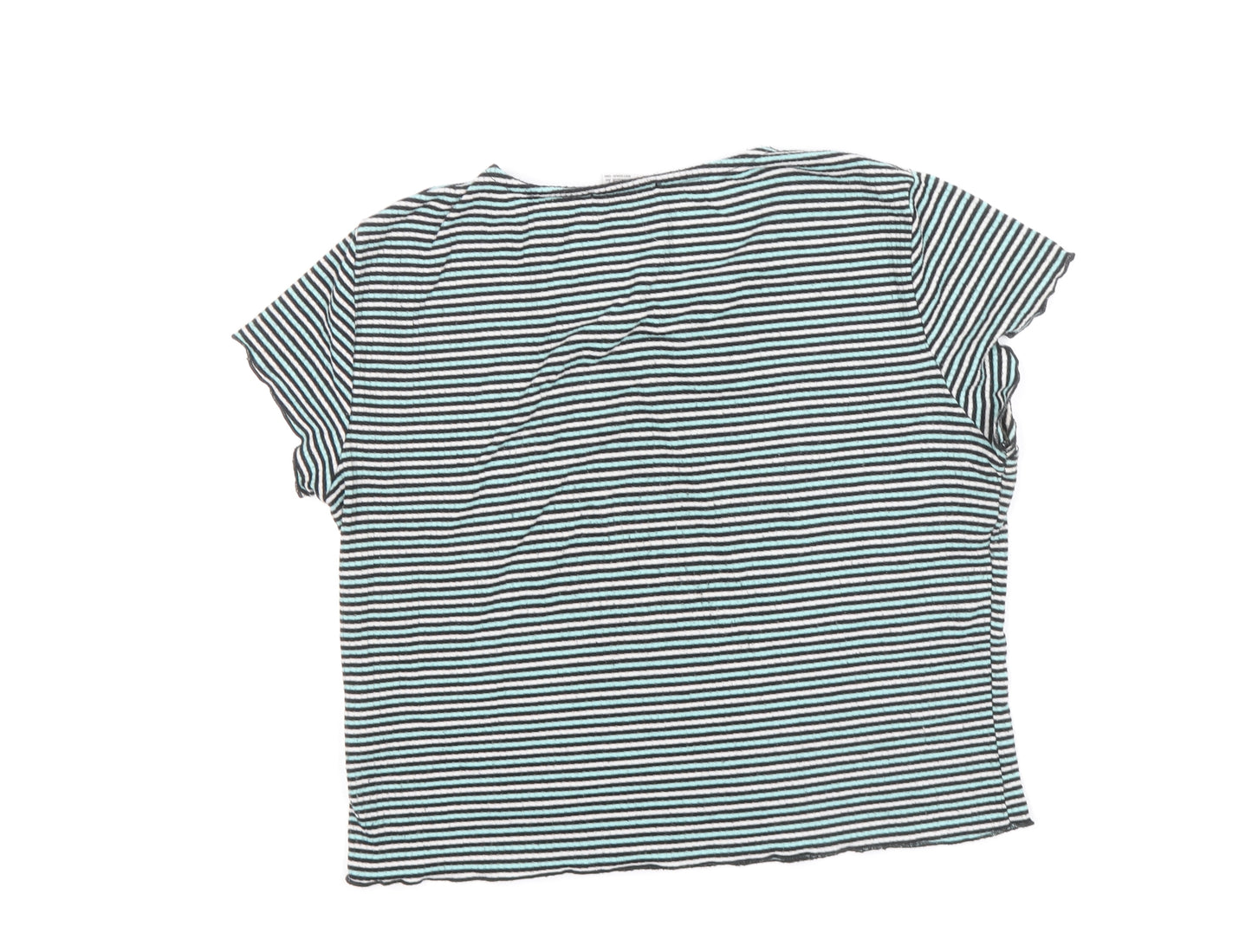Cooperative Womens Blue Striped Polyester Basic T-Shirt Size S Round Neck