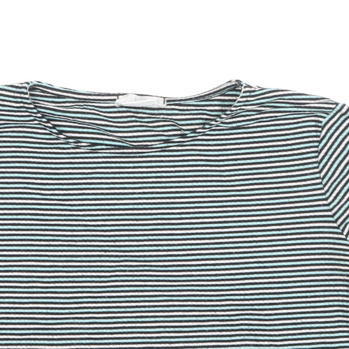 Cooperative Womens Blue Striped Polyester Basic T-Shirt Size S Round Neck