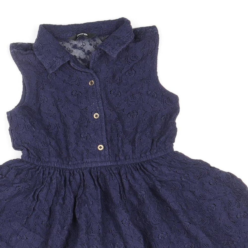 George Girls Blue Cotton Skater Dress Size 6-7 Years Collared Button