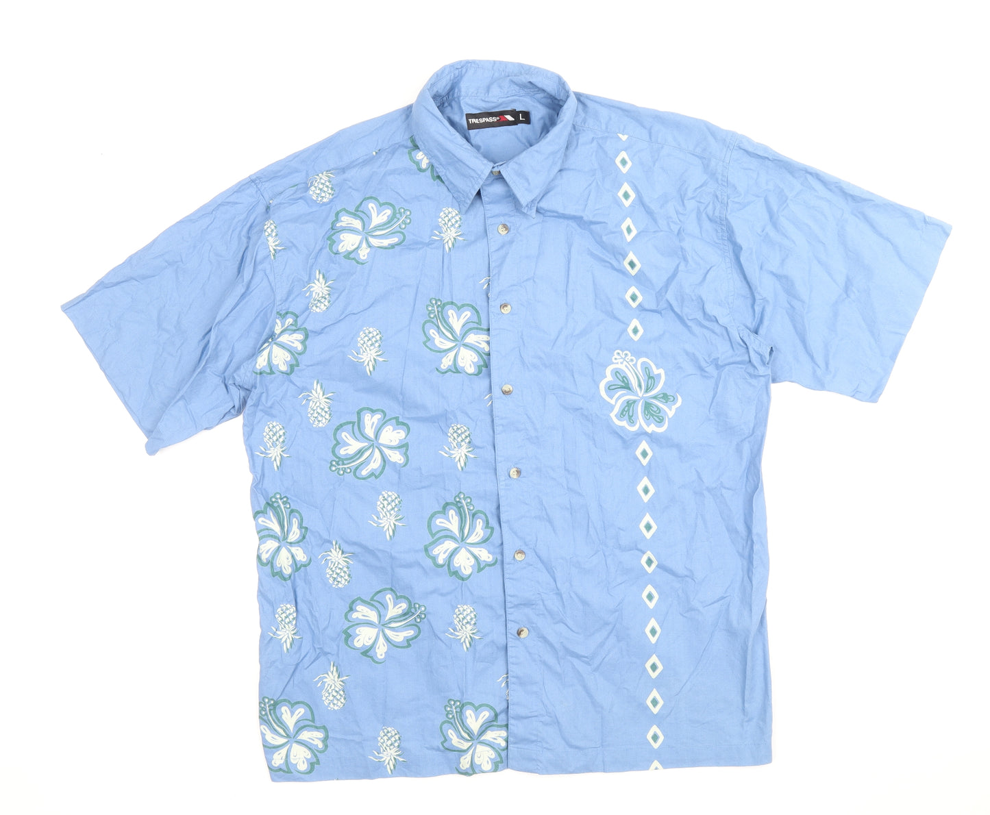Trespass Mens Blue Floral Cotton Button-Up Size L Collared Button