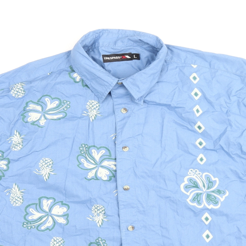 Trespass Mens Blue Floral Cotton Button-Up Size L Collared Button