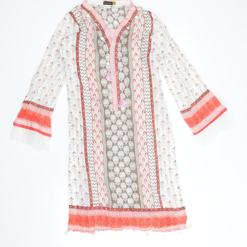 Khas Pret Womens White Geometric Polyester Tunic T-Shirt Size S V-Neck