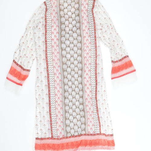 Khas Pret Womens White Geometric Polyester Tunic T-Shirt Size S V-Neck