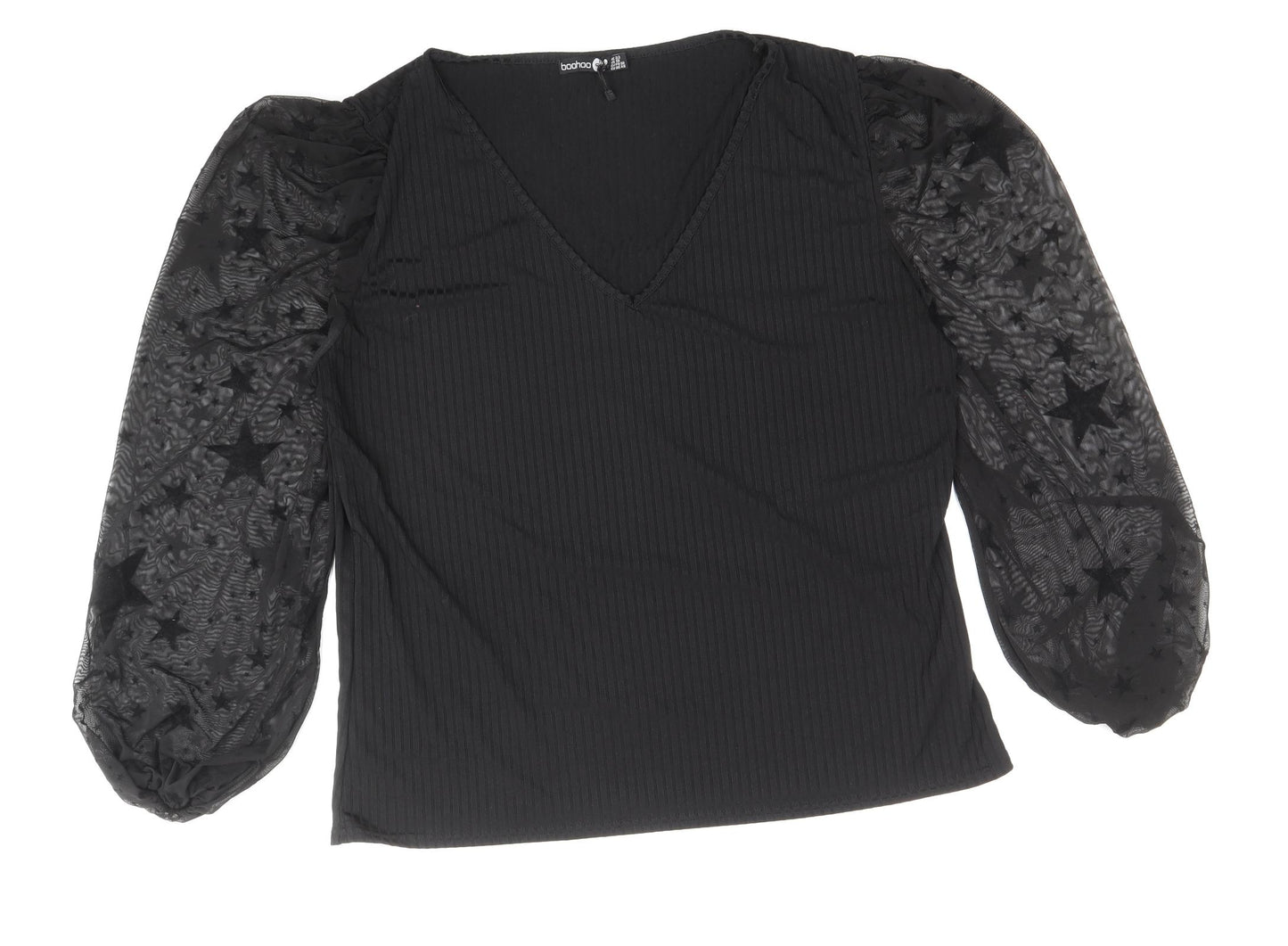 Boohoo Womens Black Geometric Polyester Basic T-Shirt Size 22 V-Neck - Mesh Sleeves