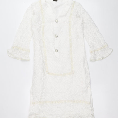Lakthai Womens White Geometric Polyester Tunic T-Shirt Size S V-Neck