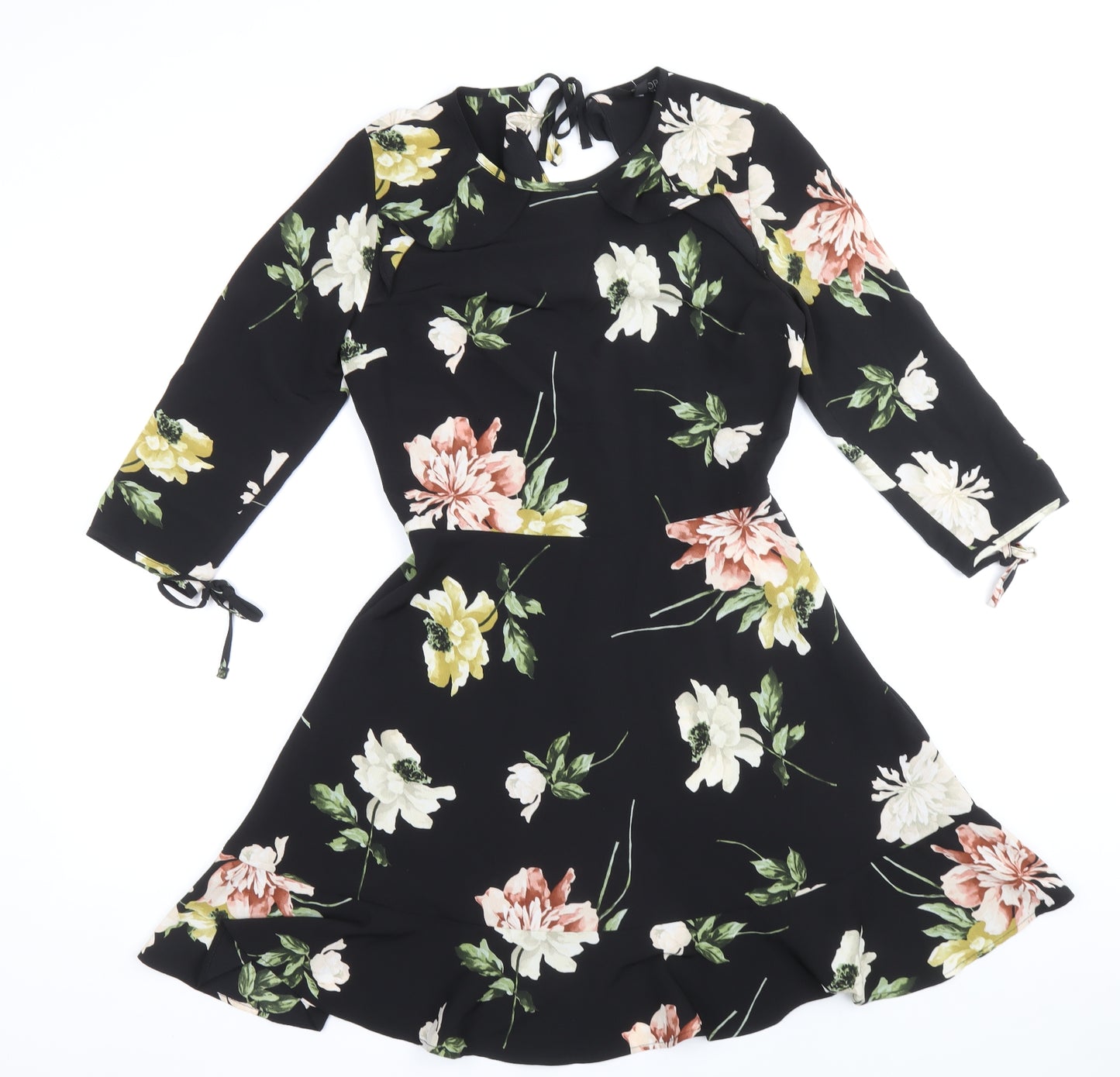 Topshop Womens Black Floral Polyester Fit & Flare Size 8 Round Neck Zip