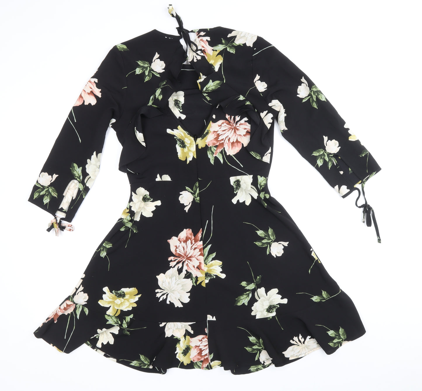 Topshop Womens Black Floral Polyester Fit & Flare Size 8 Round Neck Zip