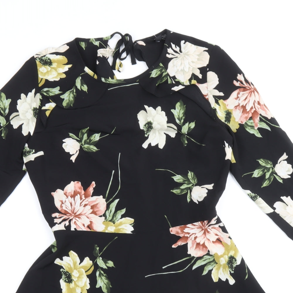 Topshop Womens Black Floral Polyester Fit & Flare Size 8 Round Neck Zip