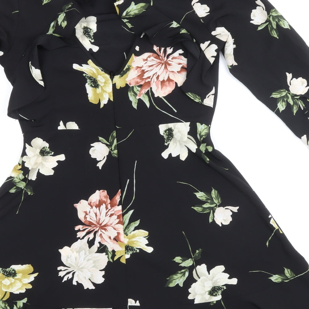 Topshop Womens Black Floral Polyester Fit & Flare Size 8 Round Neck Zip