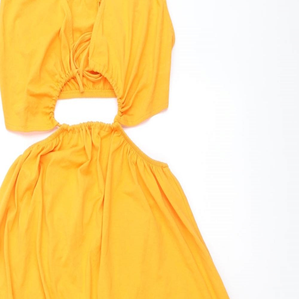 Zara Womens Orange 100% Cotton Fit & Flare Size S V-Neck Tie