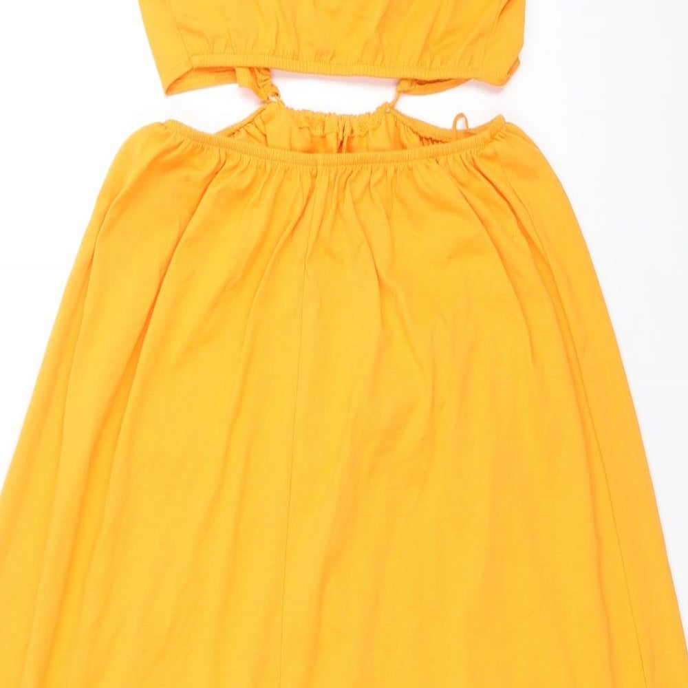 Zara Womens Orange 100% Cotton Fit & Flare Size S V-Neck Tie
