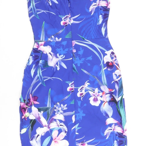 Lipsy London Womens Blue Floral Polyester Bodycon Size 8 Halter Button