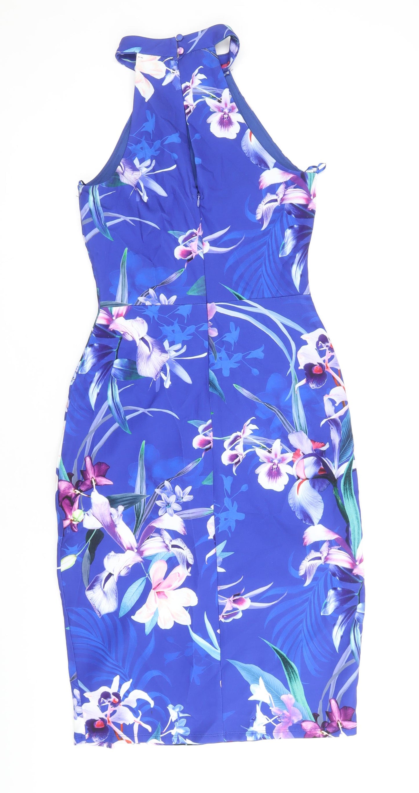 Lipsy London Womens Blue Floral Polyester Bodycon Size 8 Halter Button