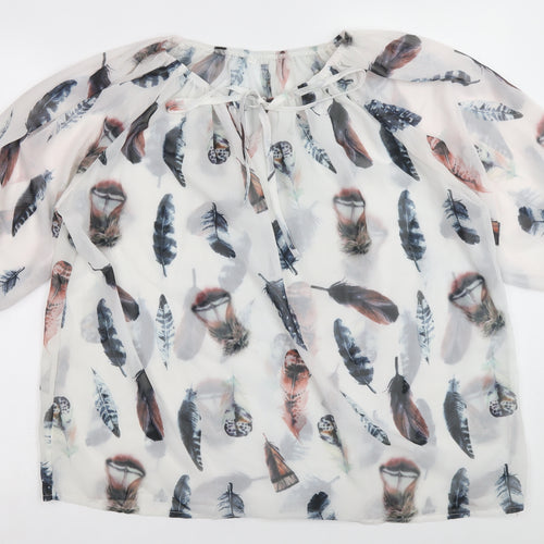 Preworn Womens White Geometric Polyester Basic Blouse Size 10 Boat Neck - Feather Print