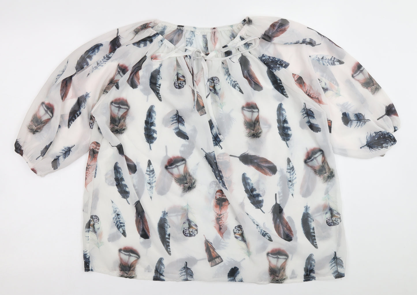 Preworn Womens White Geometric Polyester Basic Blouse Size 10 Boat Neck - Feather Print