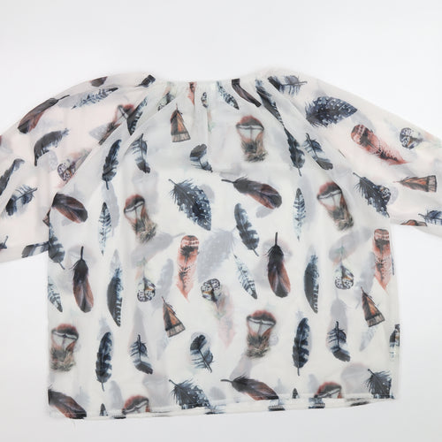 Preworn Womens White Geometric Polyester Basic Blouse Size 10 Boat Neck - Feather Print