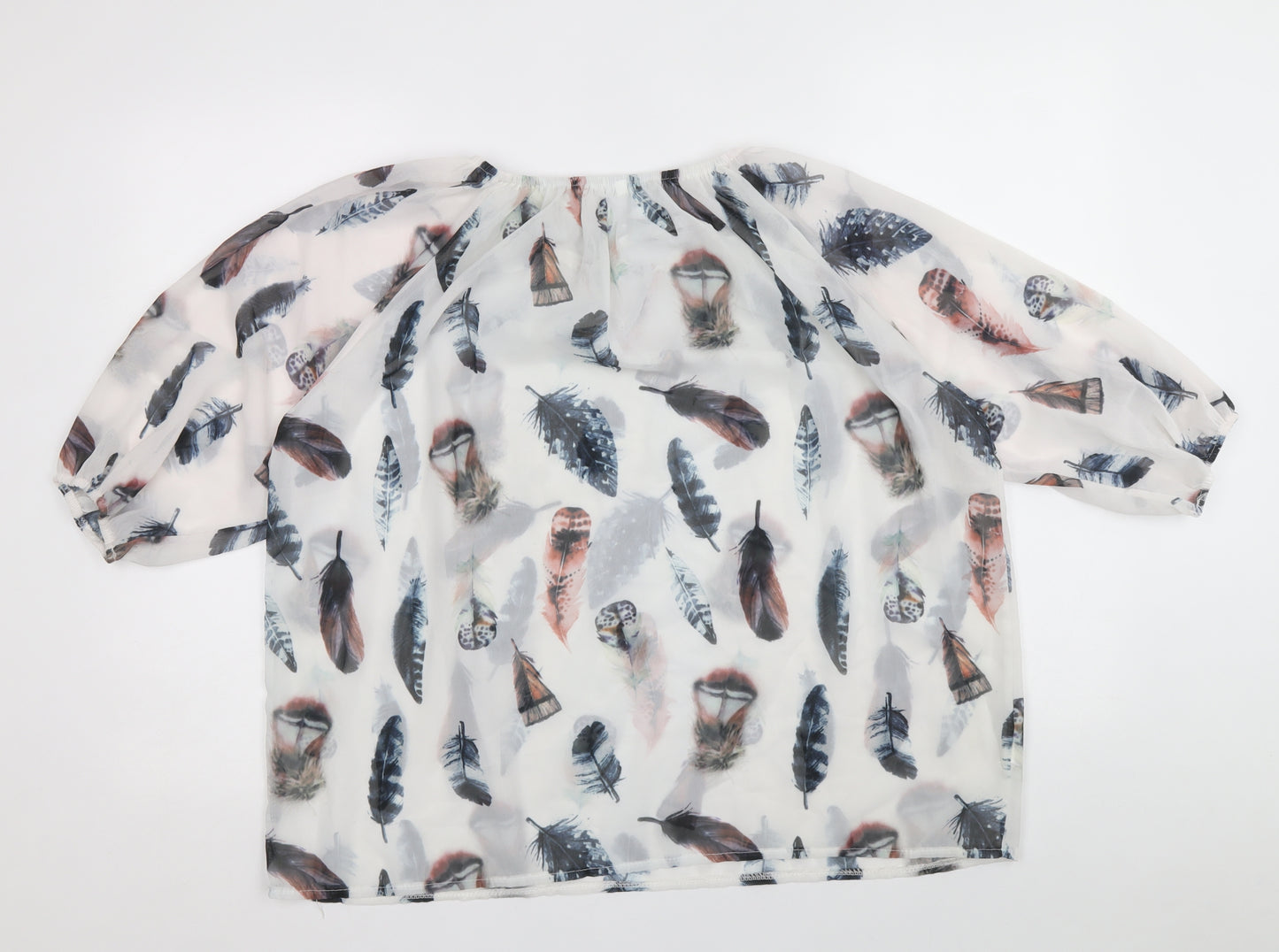 Preworn Womens White Geometric Polyester Basic Blouse Size 10 Boat Neck - Feather Print