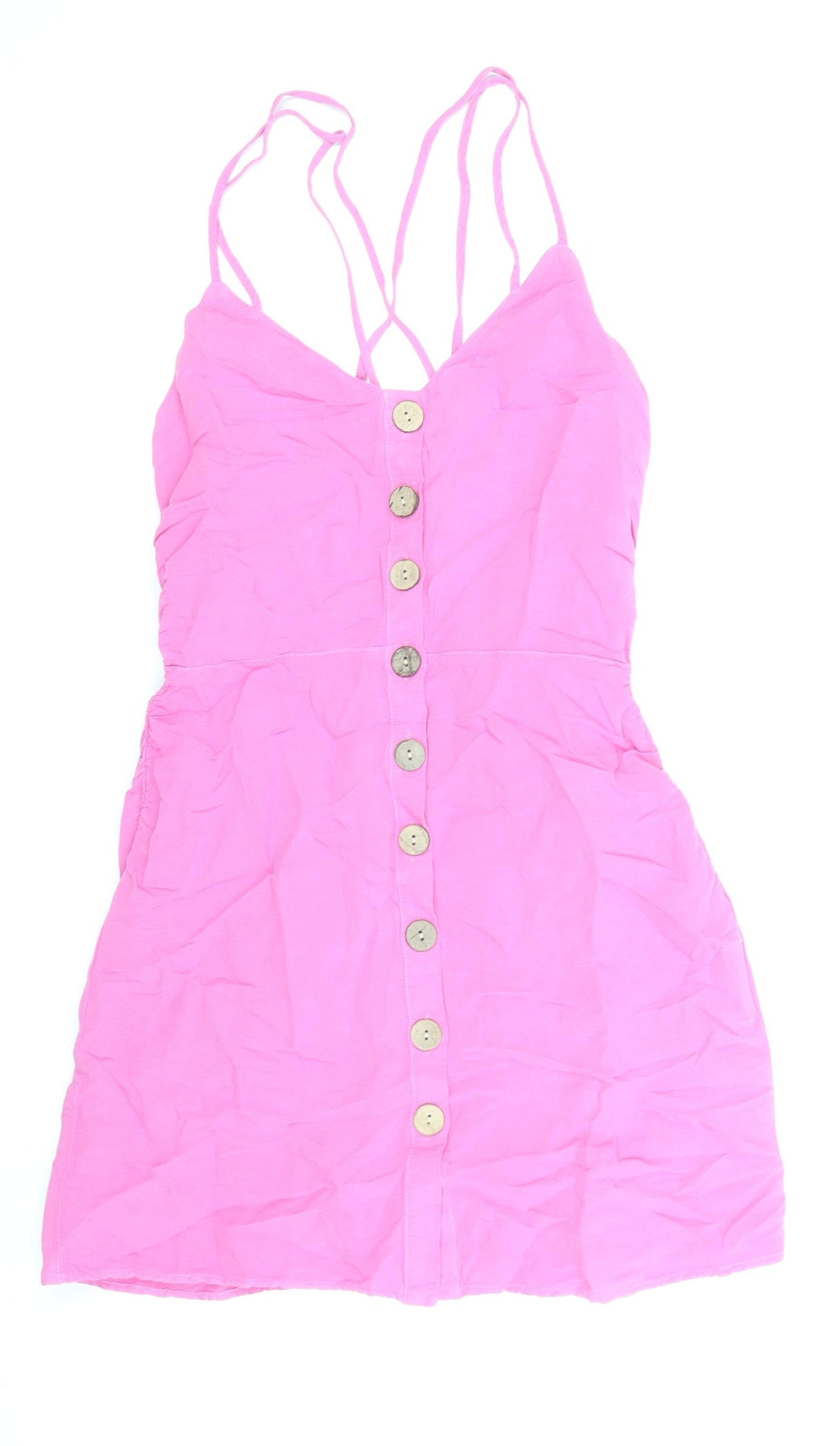 Zara Womens Pink Linen Mini Size S Scoop Neck Button