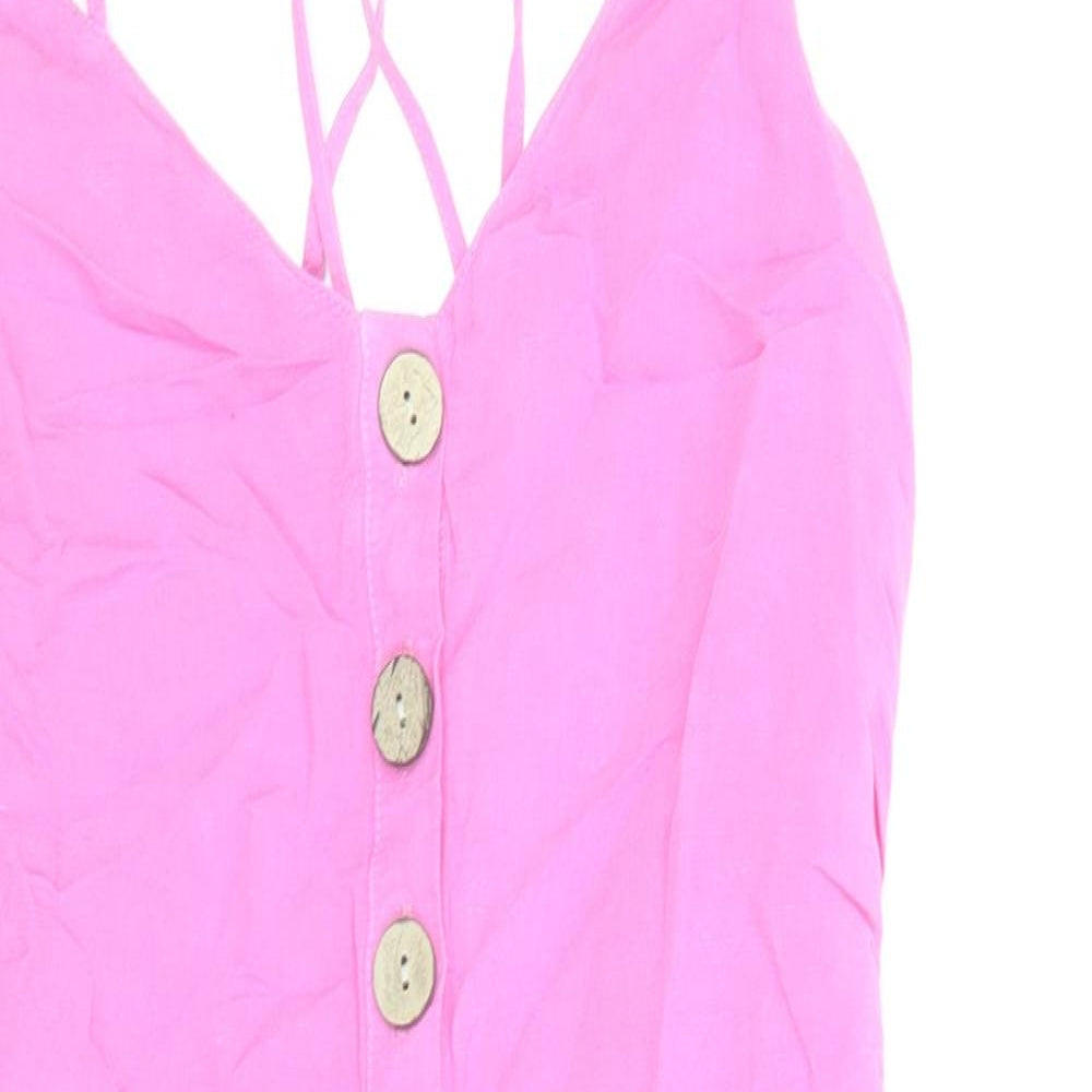 Zara Womens Pink Linen Mini Size S Scoop Neck Button