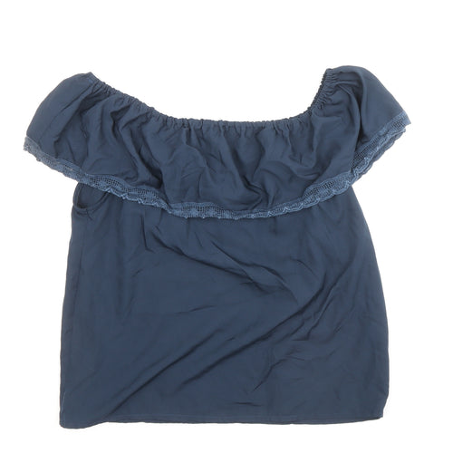 Ribbon Womens Blue Polyester Basic Blouse Size 12 Boat Neck