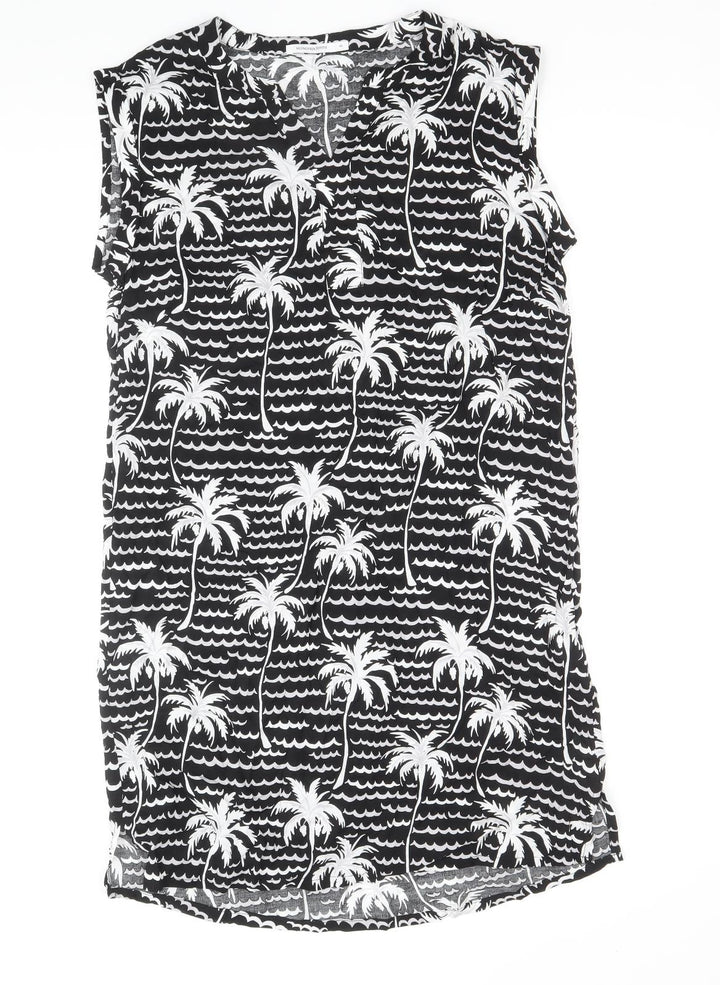 Monoprix Femme Womens Black Geometric Viscose Shift Size 10 V-Neck Button - Palm Tree Print