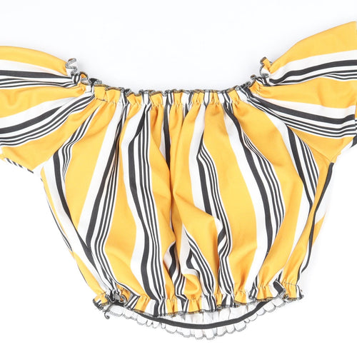 Select Womens Yellow Striped Polyester Cropped Blouse Size 14 Off the Shoulder - Shirred neckline and bottom