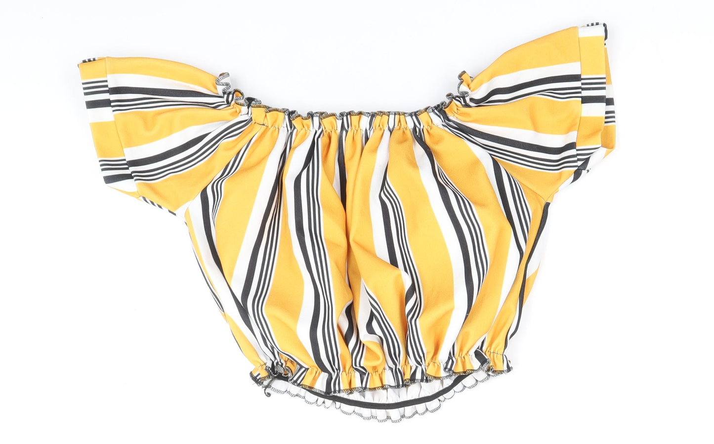 Select Womens Yellow Striped Polyester Cropped Blouse Size 14 Off the Shoulder - Shirred neckline and bottom