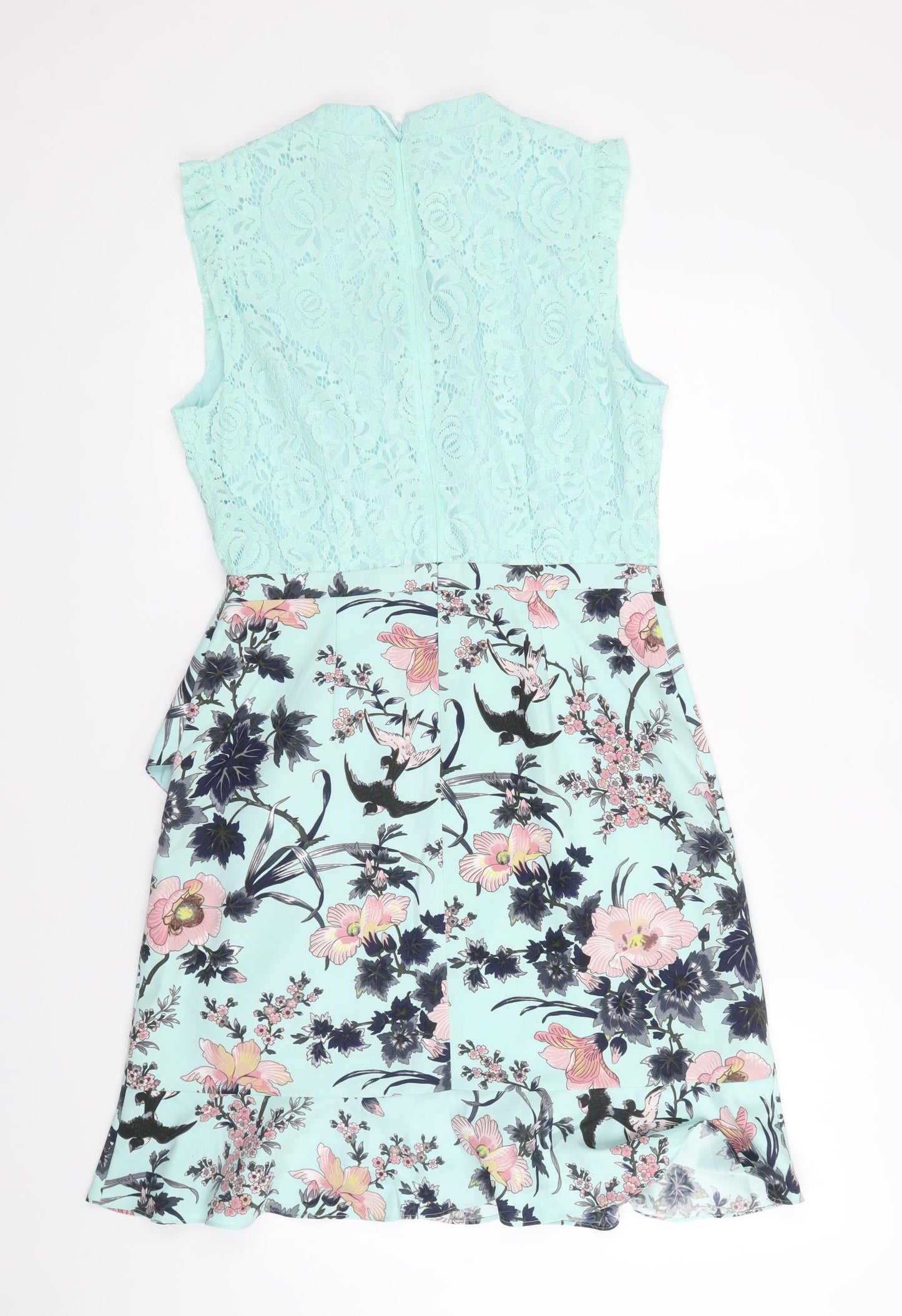 Oasis Womens Blue Floral Cotton A-Line Size 12 Round Neck Zip
