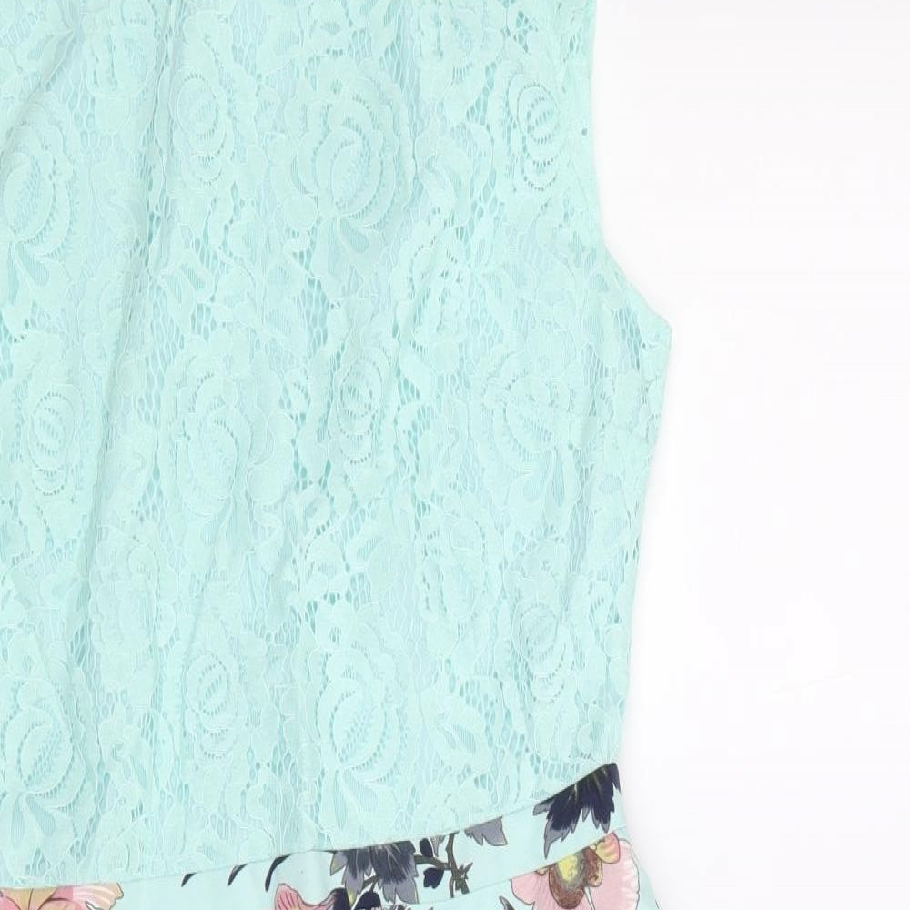 Oasis Womens Blue Floral Cotton A-Line Size 12 Round Neck Zip
