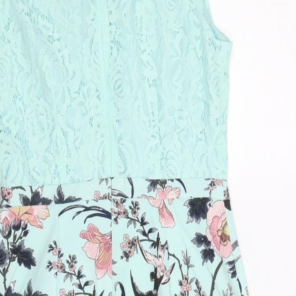 Oasis Womens Blue Floral Cotton A-Line Size 12 Round Neck Zip