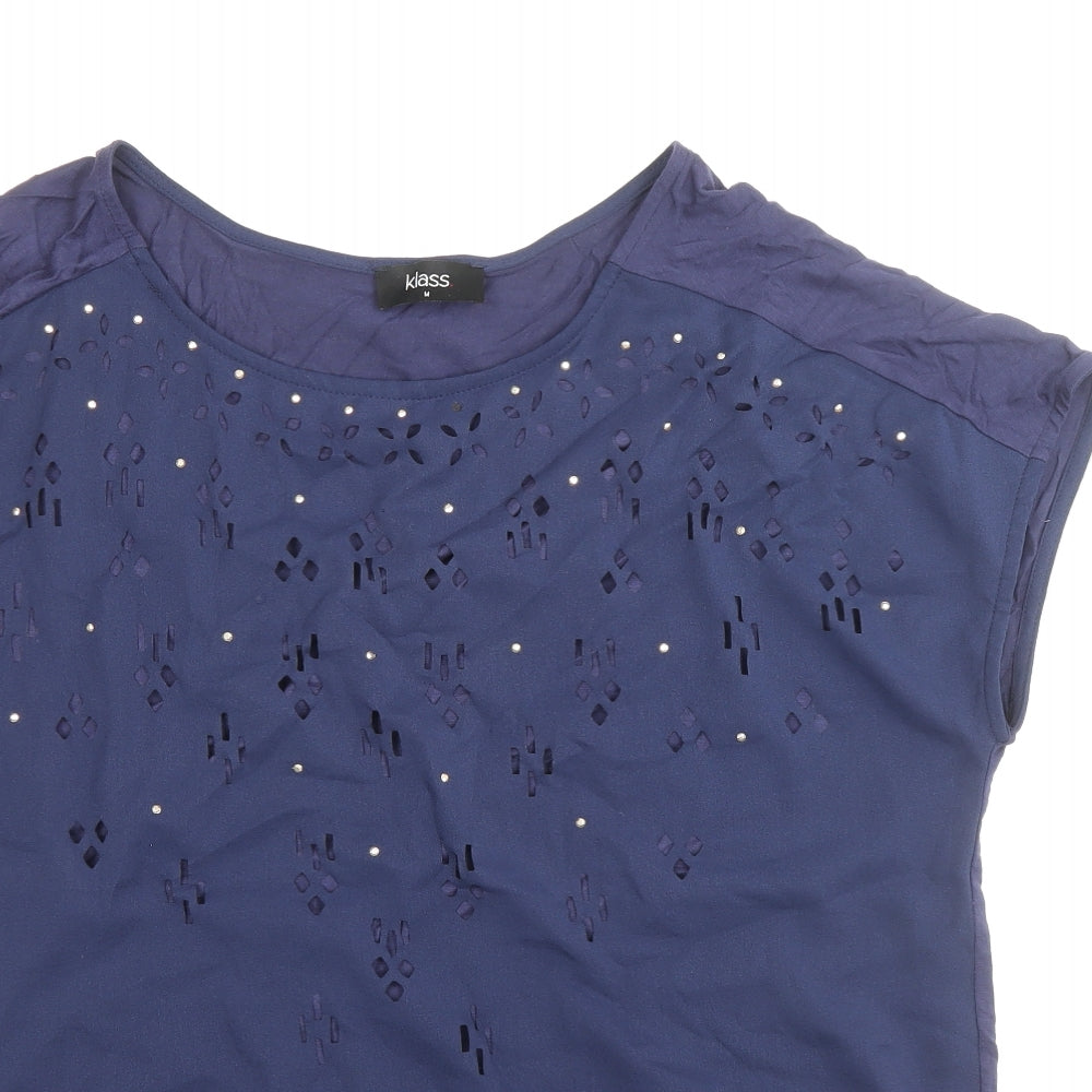 Klass Womens Blue Polyester Basic T-Shirt Size M Round Neck - Laser cut style on front