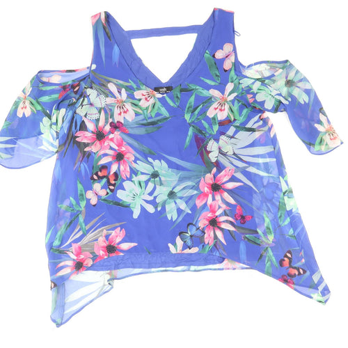 Wallis Womens Blue Floral Polyester Cropped T-Shirt Size M V-Neck
