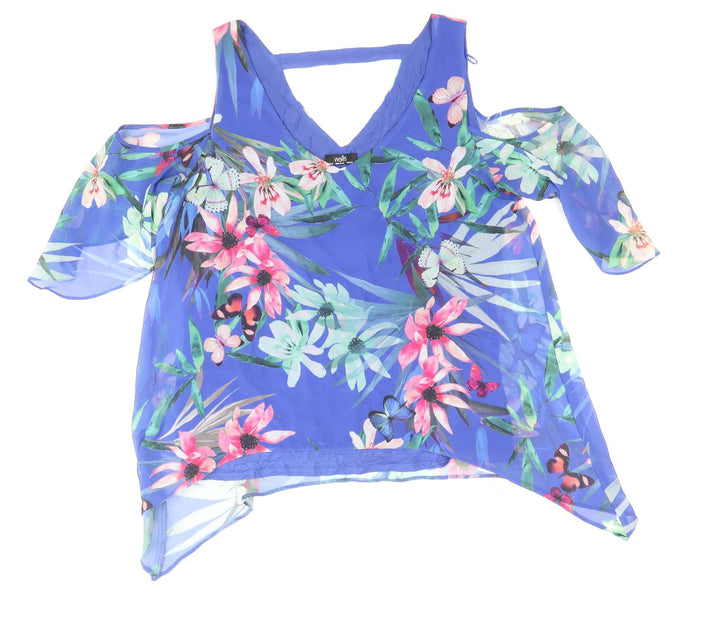 Wallis Womens Blue Floral Polyester Cropped T-Shirt Size M V-Neck