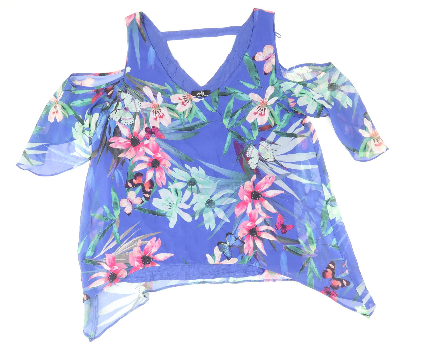 Wallis Womens Blue Floral Polyester Cropped T-Shirt Size M V-Neck