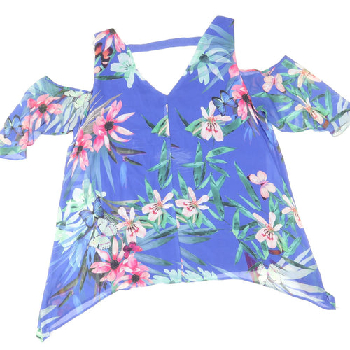 Wallis Womens Blue Floral Polyester Cropped T-Shirt Size M V-Neck