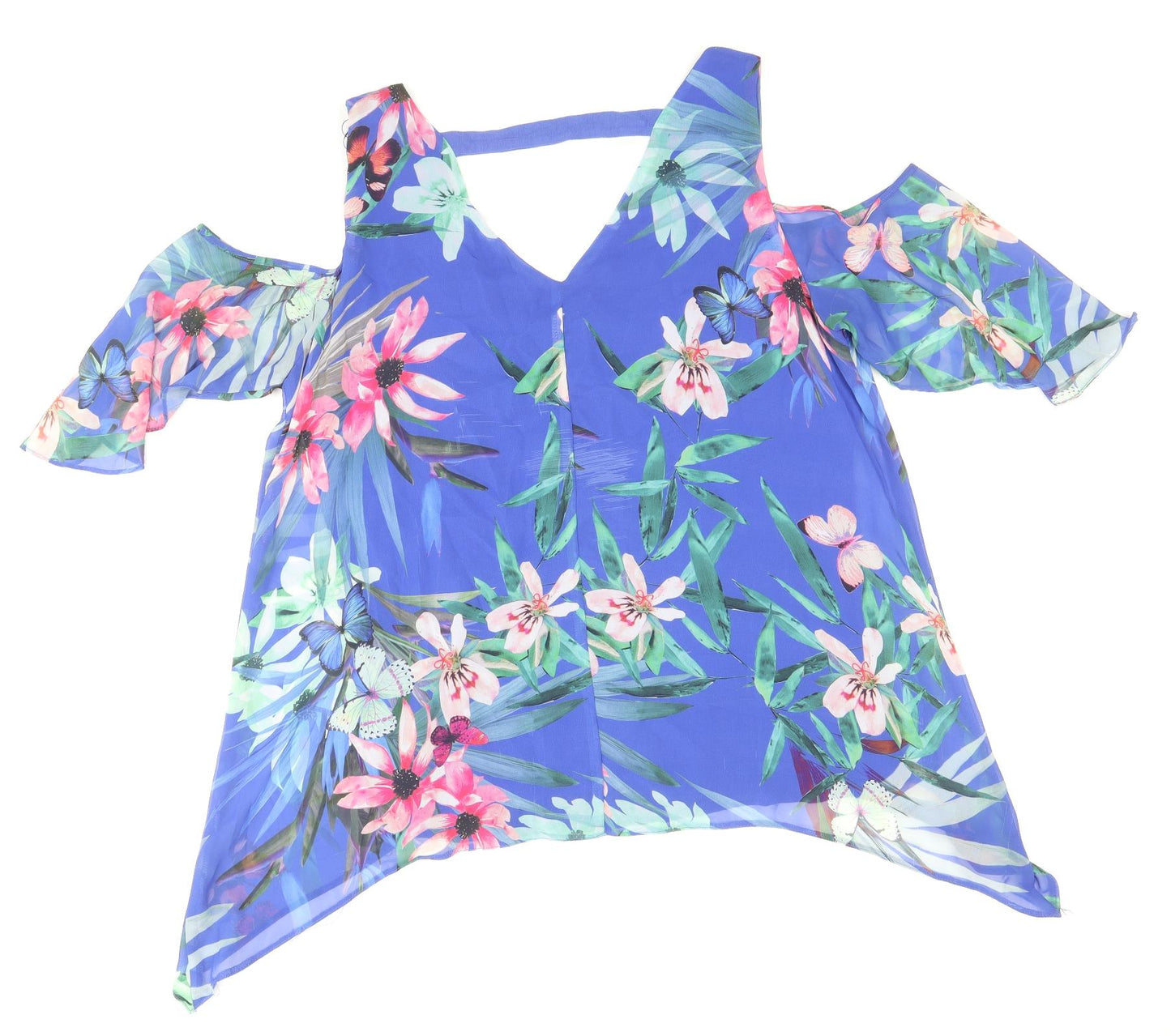 Wallis Womens Blue Floral Polyester Cropped T-Shirt Size M V-Neck