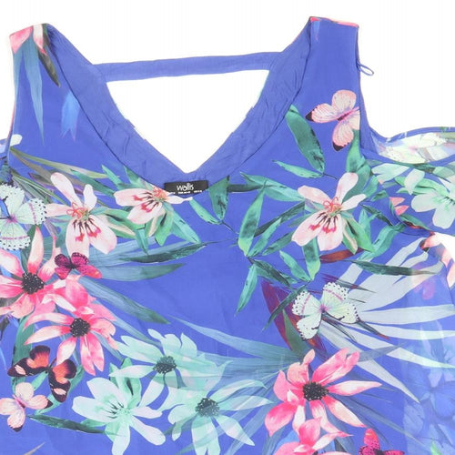 Wallis Womens Blue Floral Polyester Cropped T-Shirt Size M V-Neck