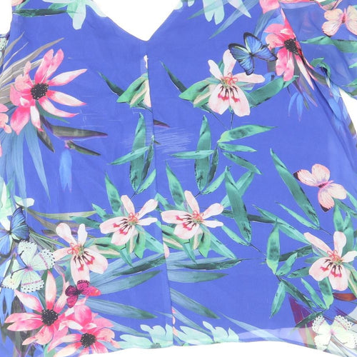 Wallis Womens Blue Floral Polyester Cropped T-Shirt Size M V-Neck