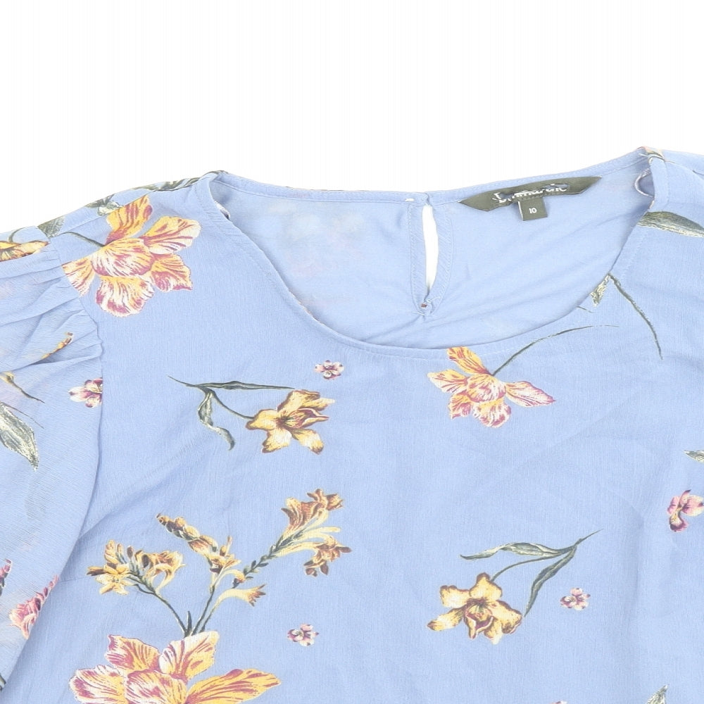Preworn Womens Blue Geometric Polyester Basic Blouse Size 10 Round Neck