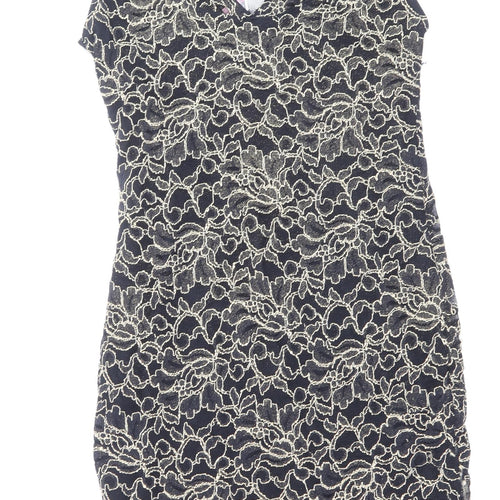 Lipsy London Womens Blue Floral Nylon Pencil Dress Size 12 Scoop Neck Pullover
