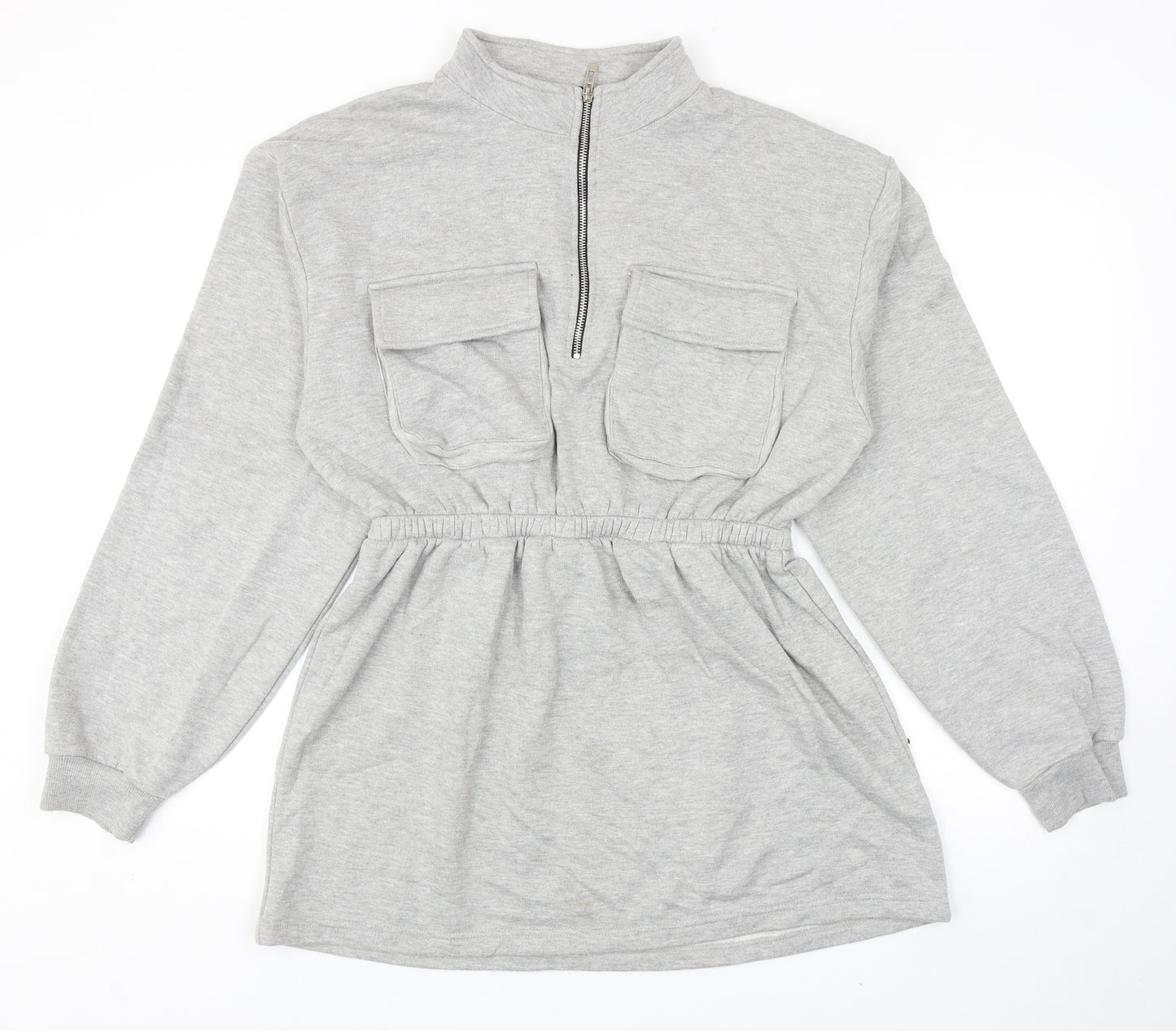 PRETTYLITTLETHING Womens Grey Cotton Jumper Dress Size 12 Mock Neck Zip