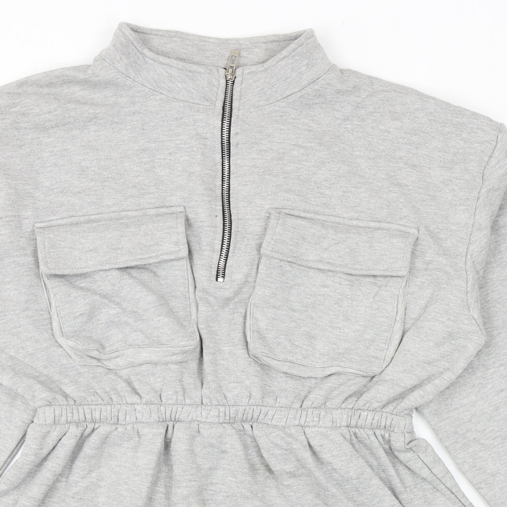 PRETTYLITTLETHING Womens Grey Cotton Jumper Dress Size 12 Mock Neck Zip