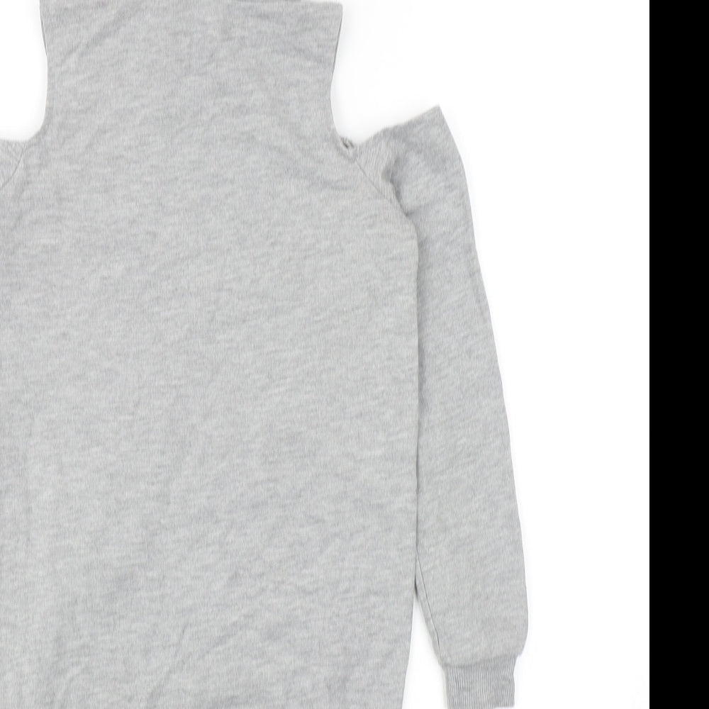 Select Girls Grey Cotton Jumper Dress Size 10-11 Years Round Neck Pullover - Cold Shoulder