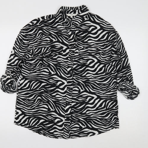 NEXT Womens Black Animal Print Viscose Basic Button-Up Size 10 V-Neck - 3/4 sleeve to long sleeve