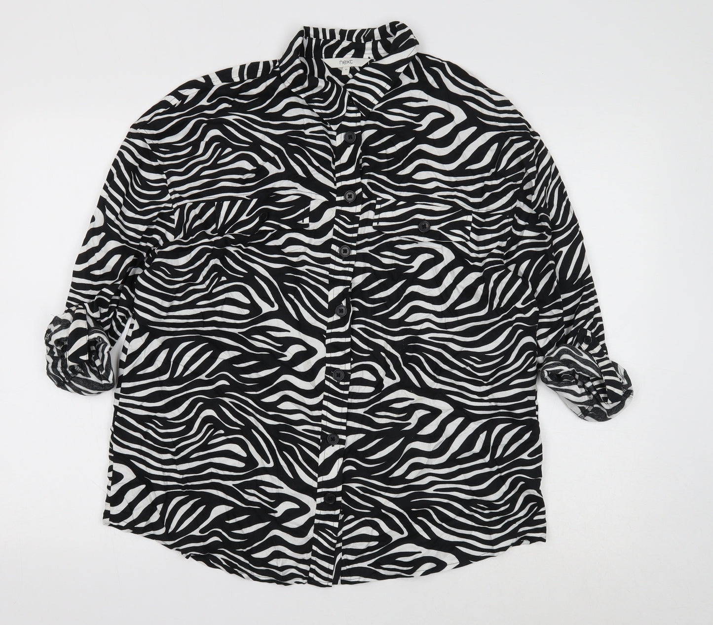 NEXT Womens Black Animal Print Viscose Basic Button-Up Size 10 V-Neck - 3/4 sleeve to long sleeve