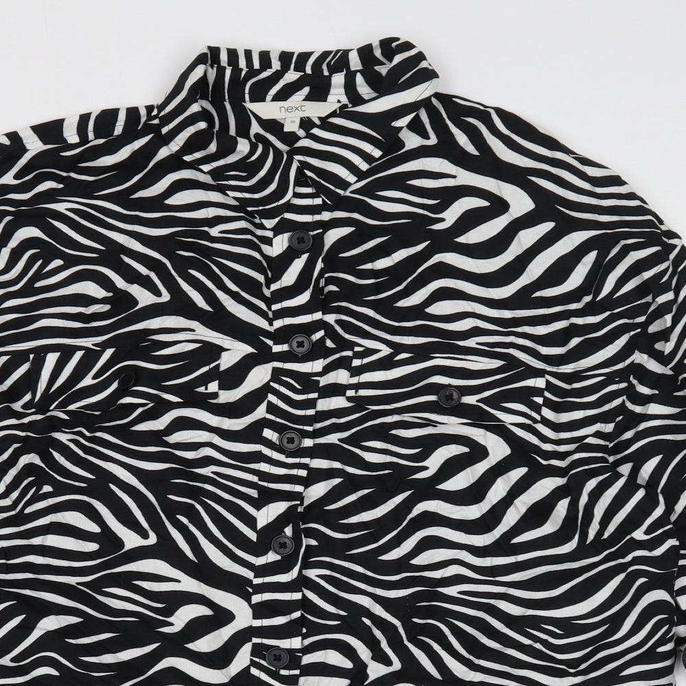 NEXT Womens Black Animal Print Viscose Basic Button-Up Size 10 V-Neck - 3/4 sleeve to long sleeve