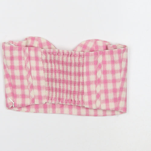 Zara Womens Pink Geometric Cotton Cropped Tank Size 4XL Off the Shoulder - Shirred detail at the back